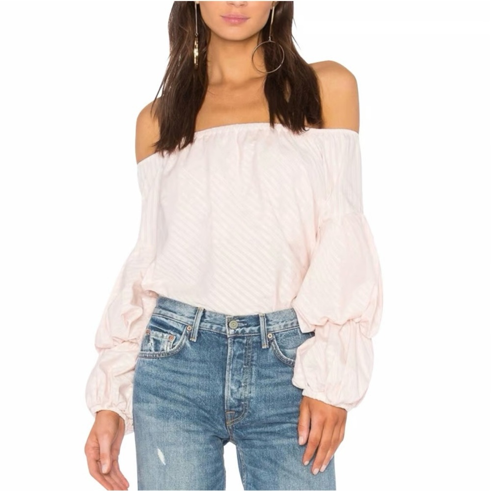 Petersyn Lily Off Shoulder Tan Metallic Stripe Long Puff Sleeve Paramount